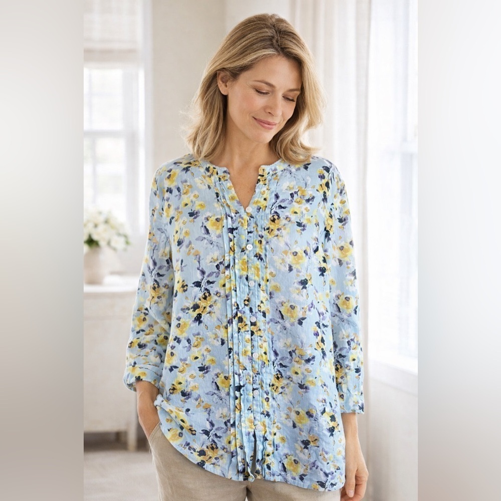 J Jill Love Linen Womens Top Sz Small Blue Floral Tunic Blouse Coastal Shirt